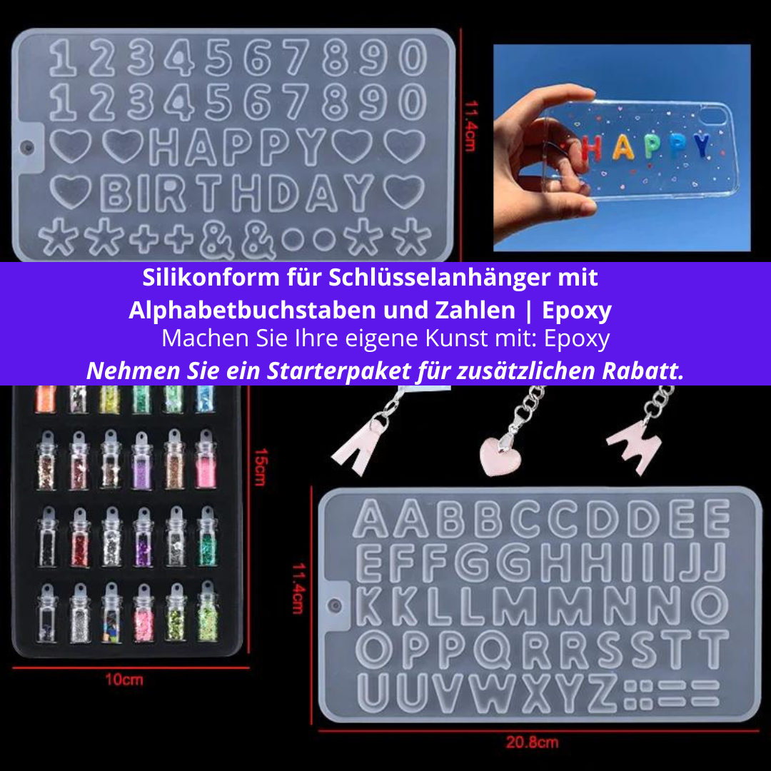 Silikonform für Schlüsselanhänger mit Alphabetbuchstaben und Zahlen | Epoxy